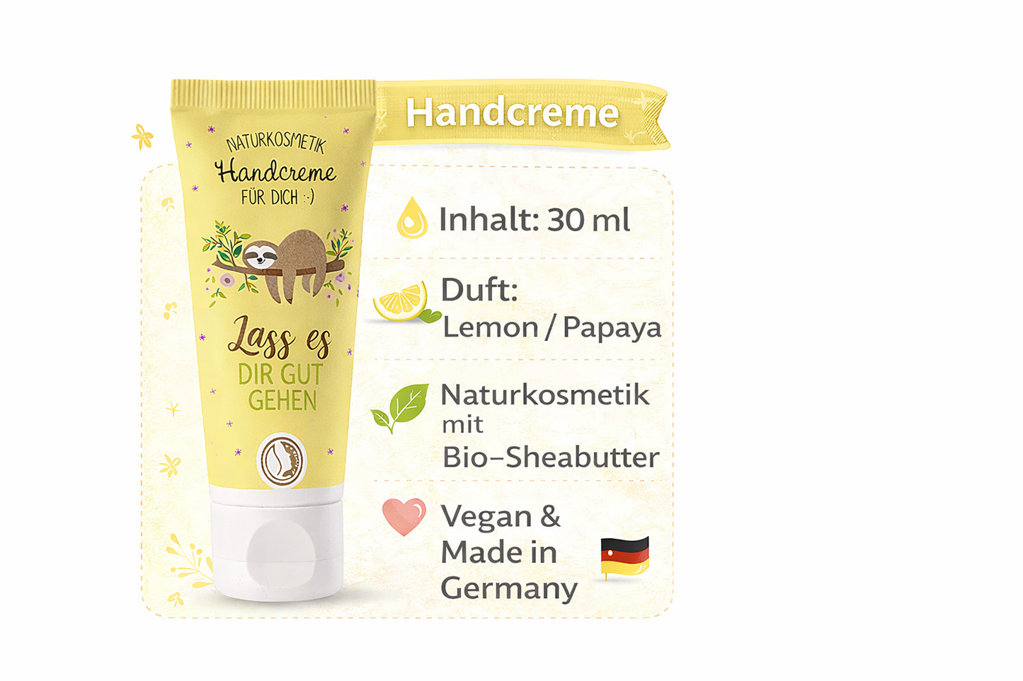 Produktbeschreibung Naturkosmetik Handcreme mit süßen Faultier-Motiv & Aufschrift Schön, dass es Dich gibt von Geschenk für Dich