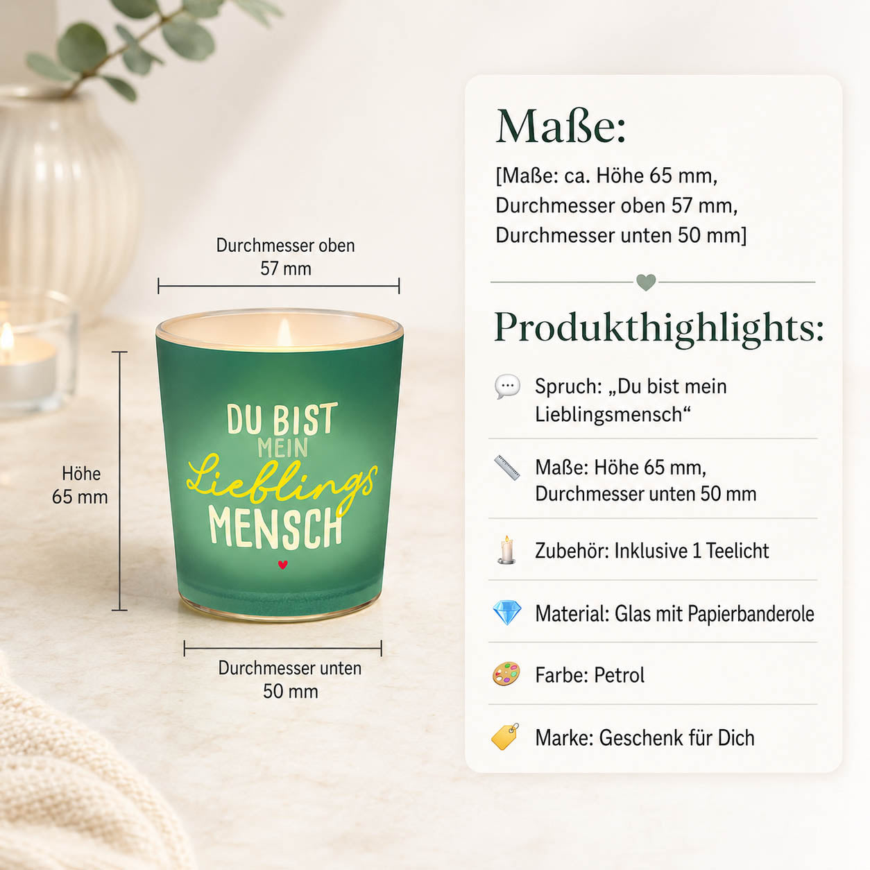 Petrolfarbenes Windlicht mit Spruch Du bist mein Lieblingsmensch und kleinem Herz Maße & Produkthighlights – Happy Greetings