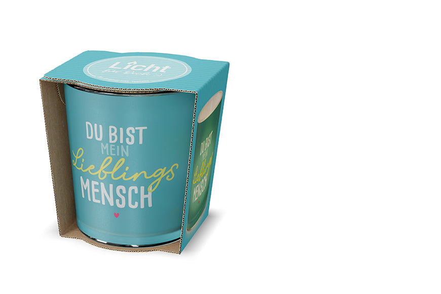 Petrolfarbenes Windlicht mit Spruch Du bist mein Lieblingsmensch und kleinem Herz mit Verpackung – Happy Greetings
