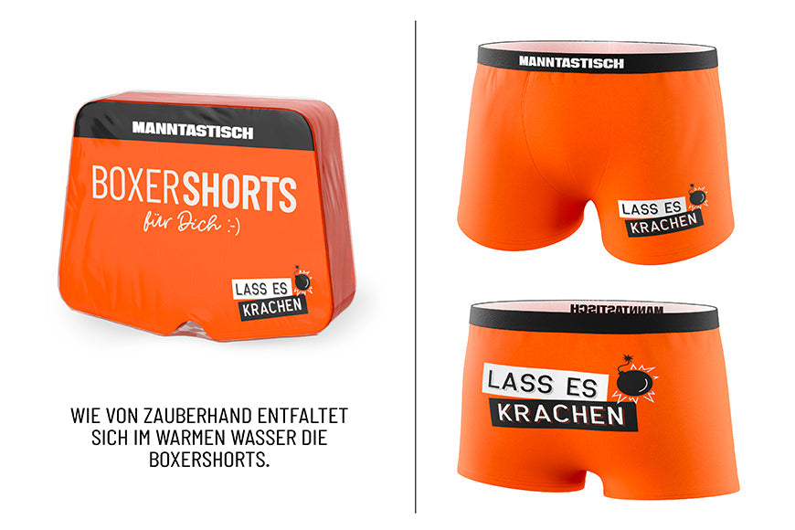 Magische Boxershorts für Männer von Geschenk für Dich: kompakt verpackt, entfalten sich im Wasser, angenehm zu tragen und mit witzigen Sprüchen bedruckt