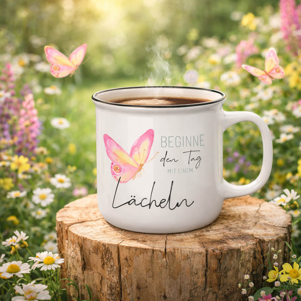 Geschenkideen mit dem Spruch „Beginne den Tag mit einem Lächeln“ & Schmetterlingmotiv