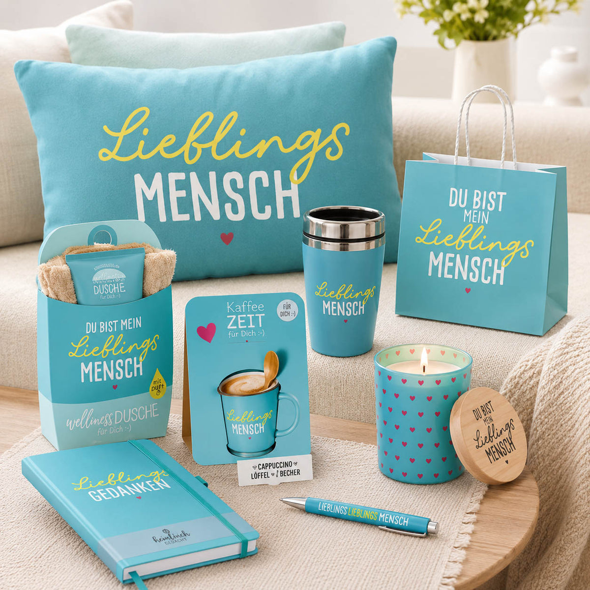 Geschenke mit dem Spruch „Du bist mein Lieblingsmensch“ in Petrol – Happy Greetings von Geschenk für Dich