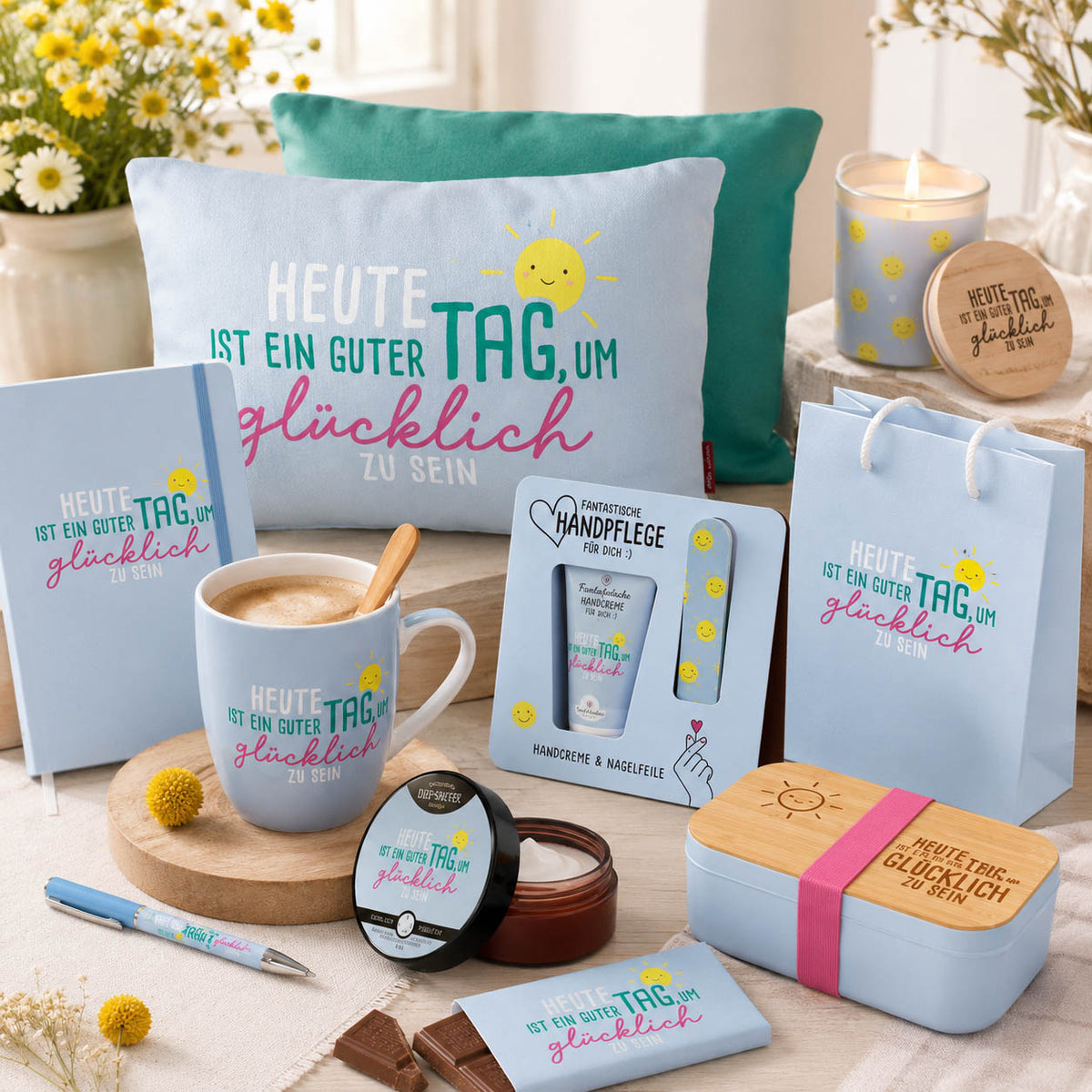 Geschenke mit dem Spruch „Heute ist ein guter Tag“ in Blau – Happy Greetings von Geschenk für Dich