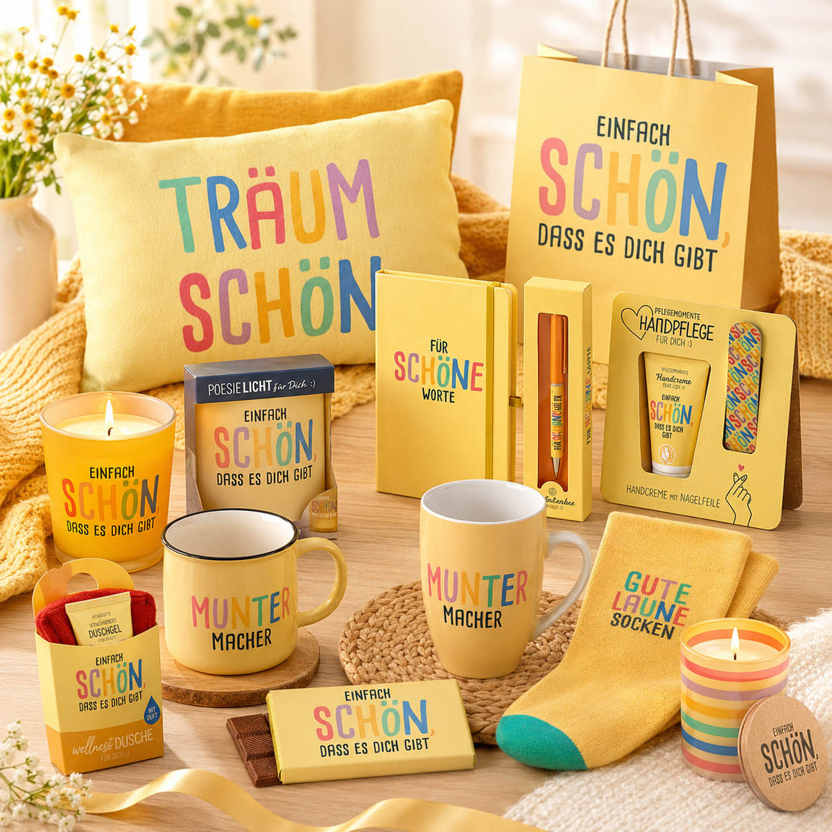 Geschenke mit dem Spruch „Einfach schön, dass es dich gibt“ in Gelb – Happy Greetings von Geschenk für Dich