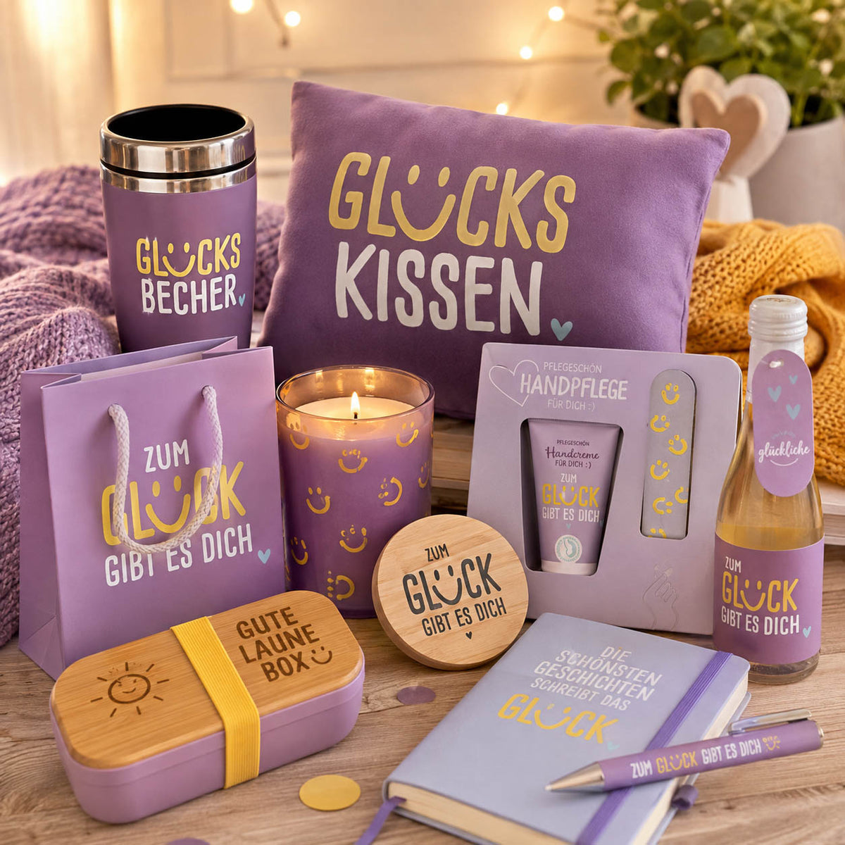 Geschenke mit dem Spruch „Zum Glück gibt es Dich“ in Violett – Happy Greetings von Geschenk für Dich