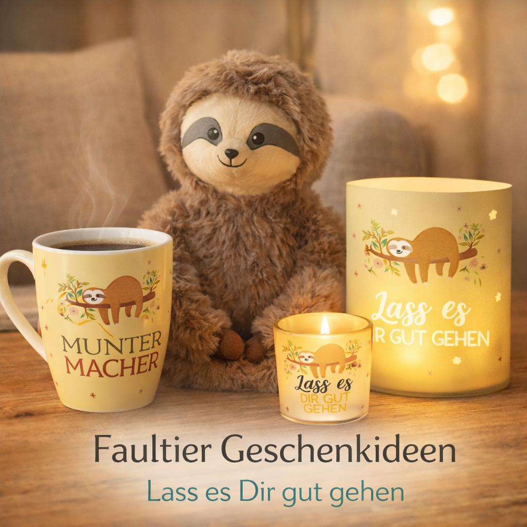 Geschenkideen mit Faultier Motiv und Spruch Lass es Dir gut gehen & Muntermacher