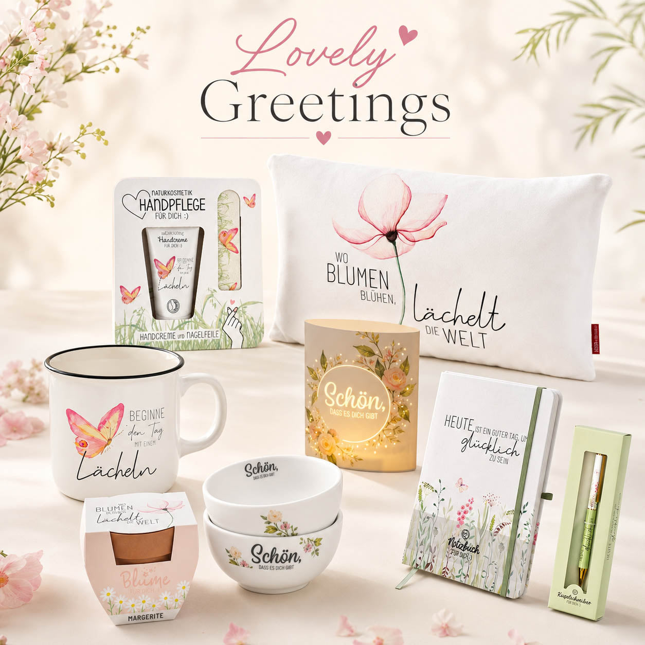 Geschenkideen aus der Lovely Greetings Serie von Geschenk für Dich mit Blumenmotiven und Sprüchen