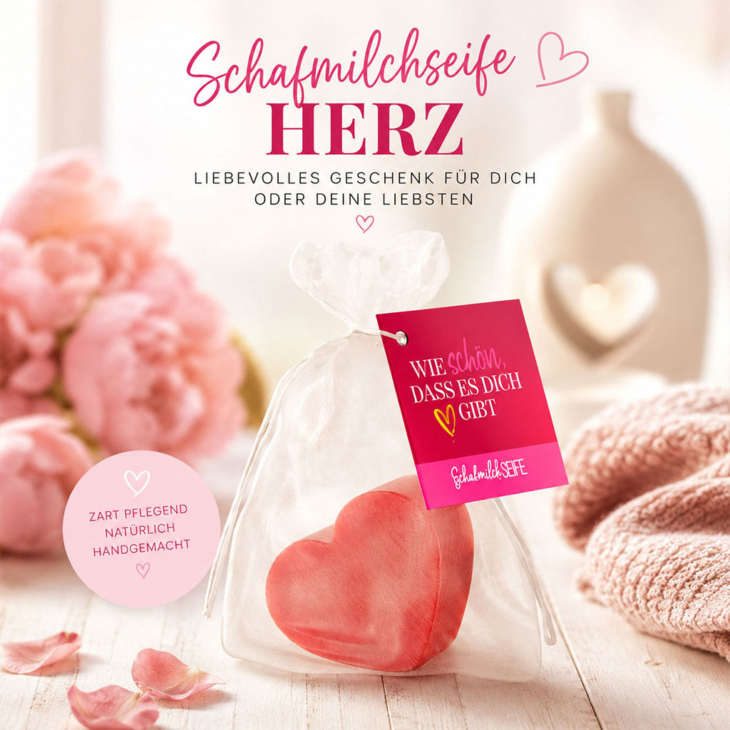 Schafmilchseife in Herz-Form rot mit verschiedenen Sprüchen von Geschenk für Dich