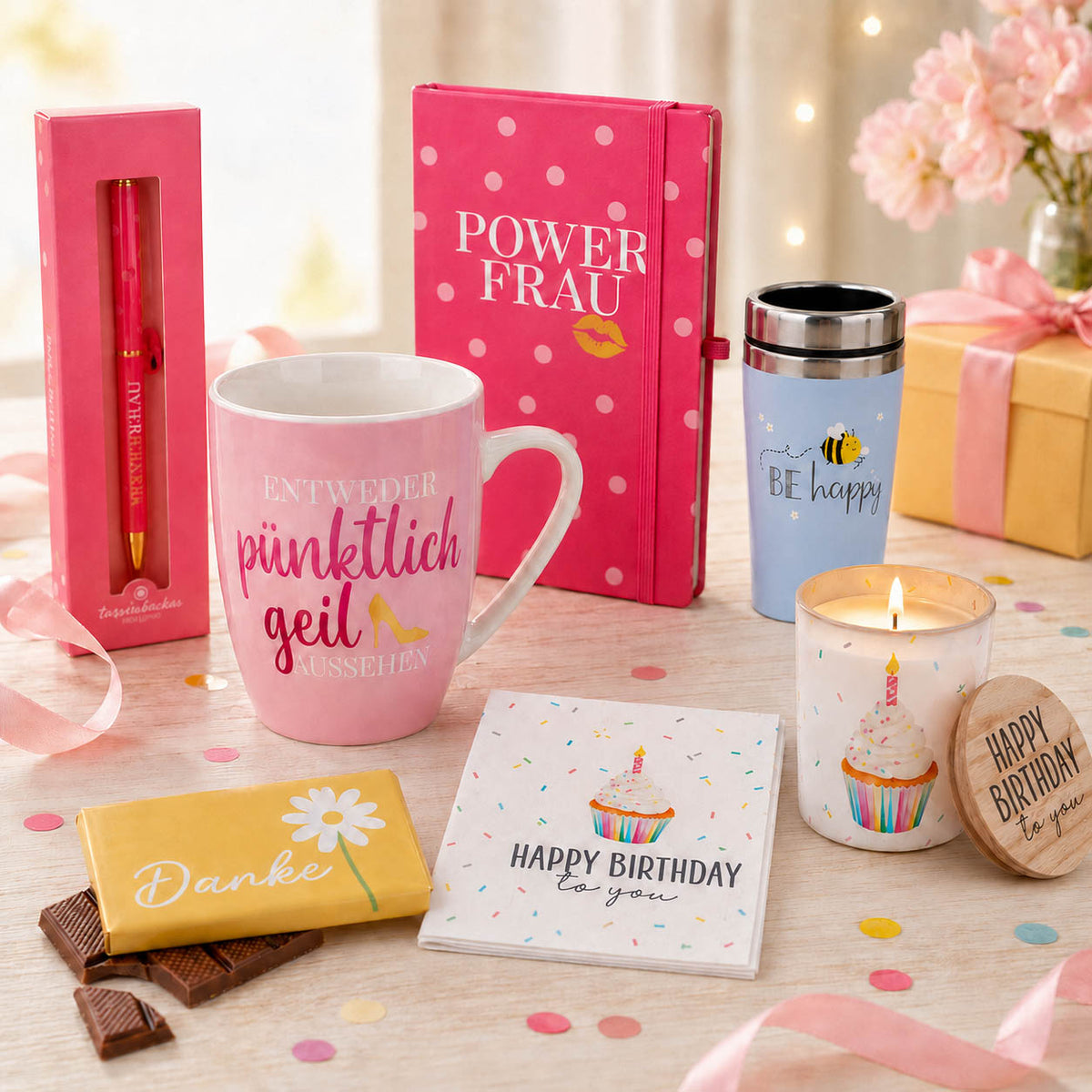 Kleine Mitarbeitergeschenke mit Botschaft nebeneinander arrangiert