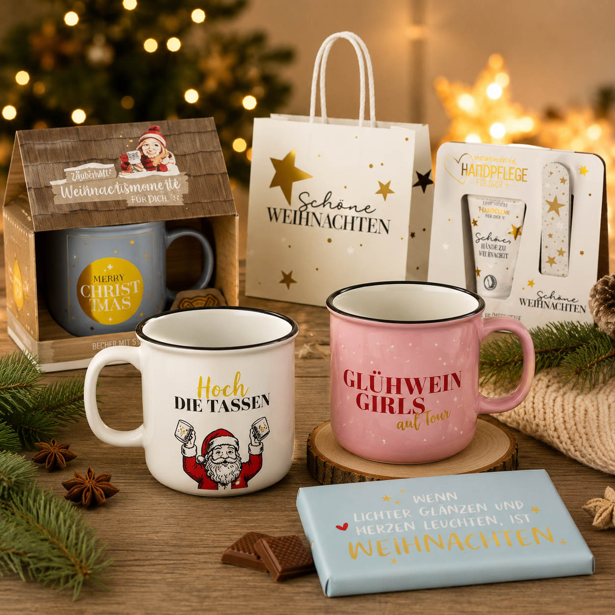 Weihnachtsgeschenke mit Spruch in warmer Lichtstimmung