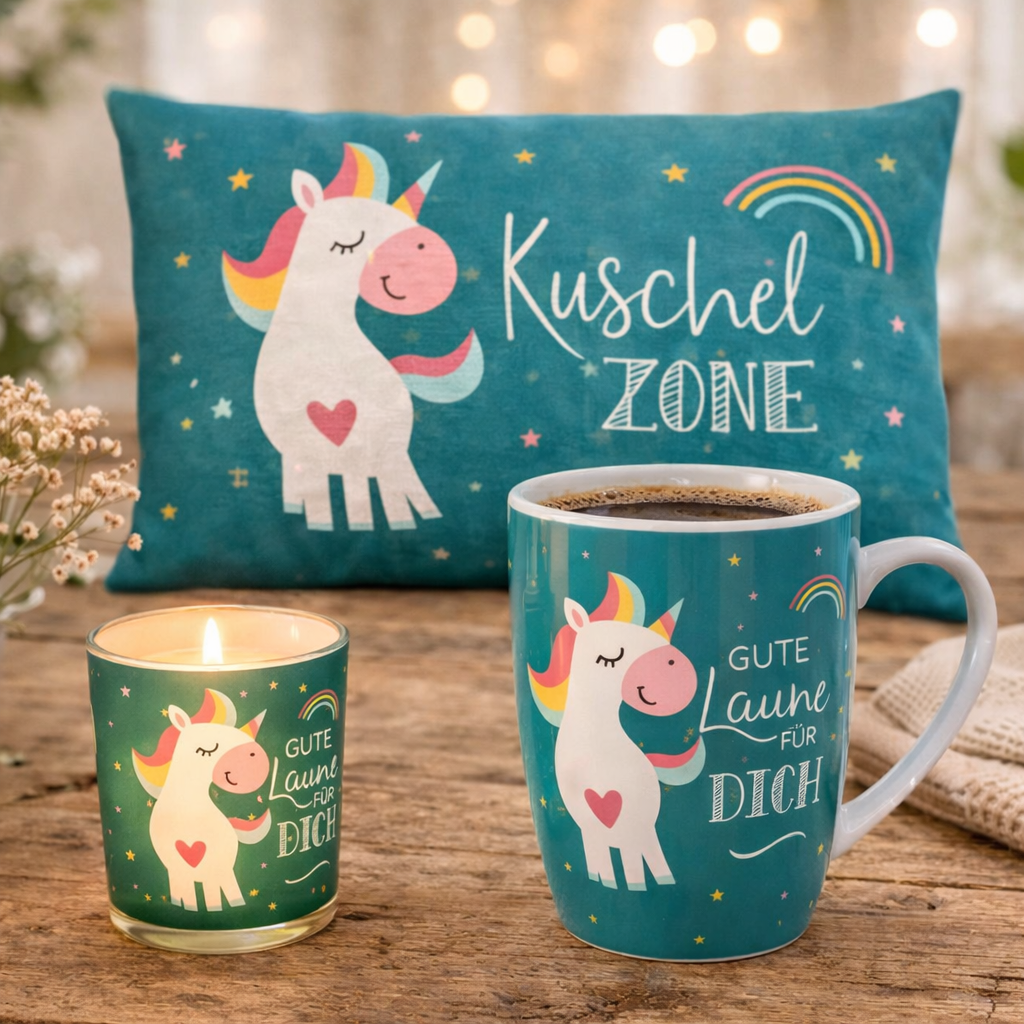 Einhorn Geschenkideen mit Aufschrift "Gute Laune für Dich"