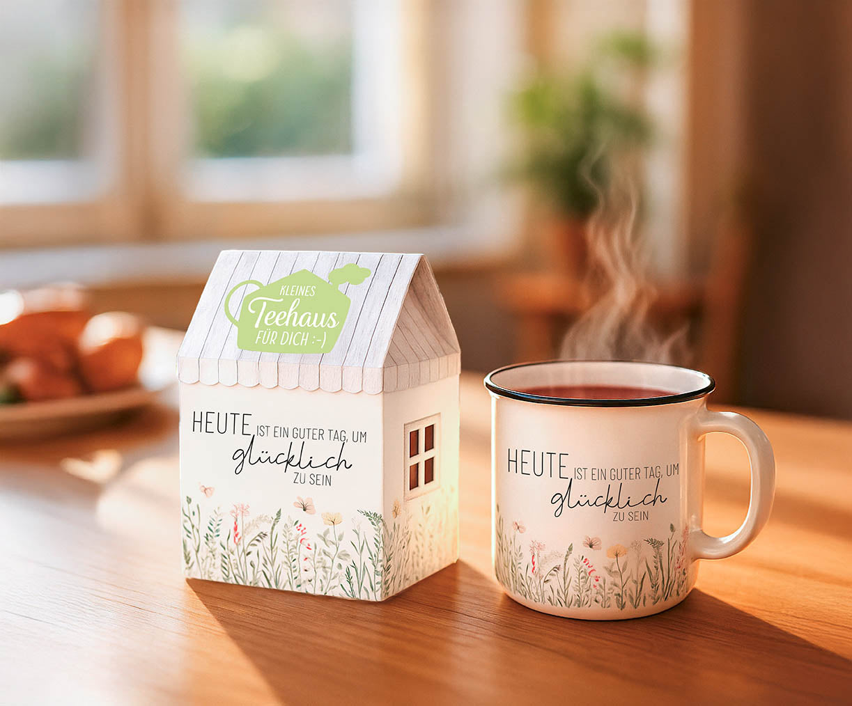 Geschenkideen mit Spruch Heute ist ein guter Tag um glücklich zu sein & Blumenmotiv