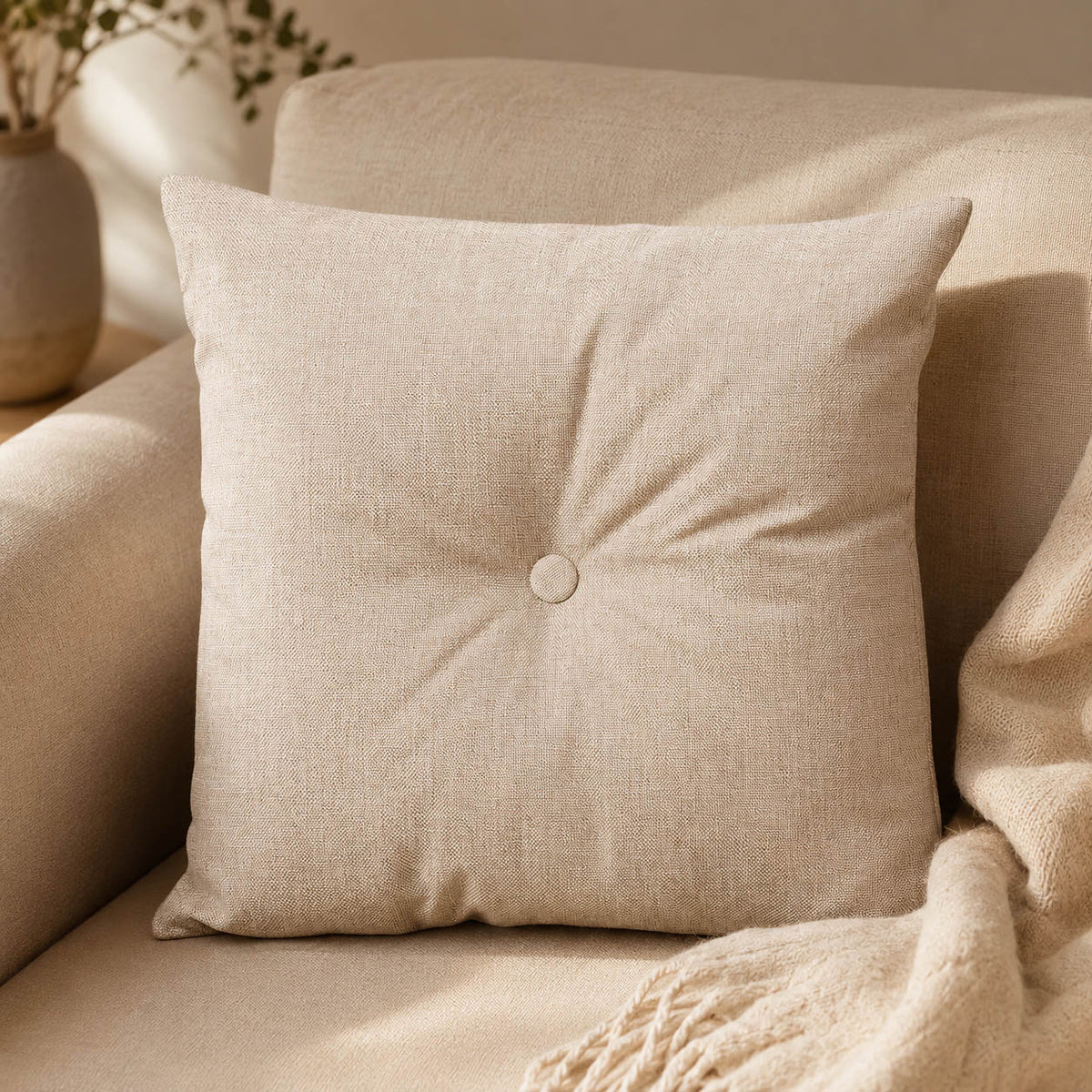 Beiges Kissen mit mittigem Knopf auf einem Sofa