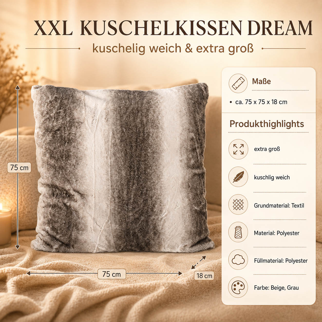 XXL Kuschelkissen Dream 75x75 cm in Beige und Grau aus besonders weichem flauschigem Material von Bolze - Produkthighlights