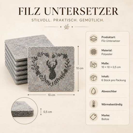 Filz Untersetzer Hirschkopf im Herz, grau-beige – 10 × 10 × 0,5 cm, 6 Stück, Polyester, abwaschbar und wärmebeständig