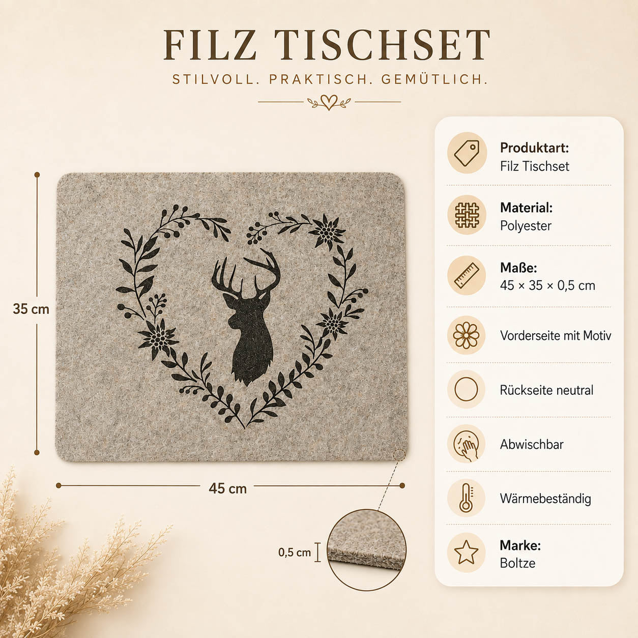 Filz Tischset Hirschkopf im Herz in Beige-Grau – Maße 45 × 35 × 0,5 cm, Polyester, abwischbar und wärmebeständig