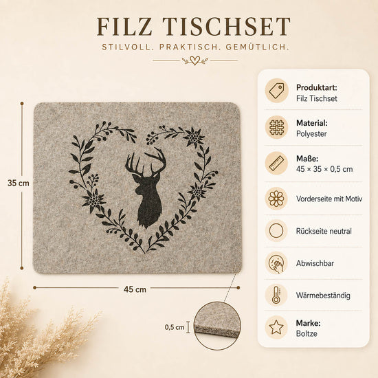 Filz Tischset Hirschkopf im Herz in Beige-Grau – Maße 45 × 35 × 0,5 cm, Polyester, abwischbar und wärmebeständig