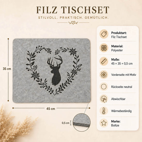 Filz Tischset Hirschkopf im Herz in Grau-Beige – Maße 45 × 35 × 0,5 cm, Polyester, abwischbar und wärmebeständig
