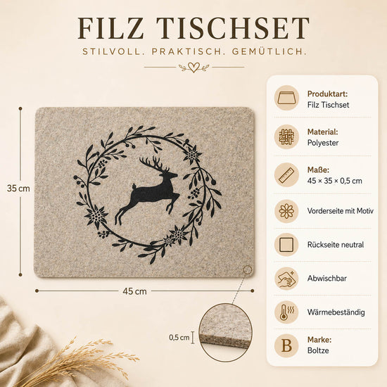 Filz Tischset Hirsch im Kranz in Beige-Grau – Maße 45 × 35 × 0,5 cm, Polyester, abwischbar und wärmebeständig