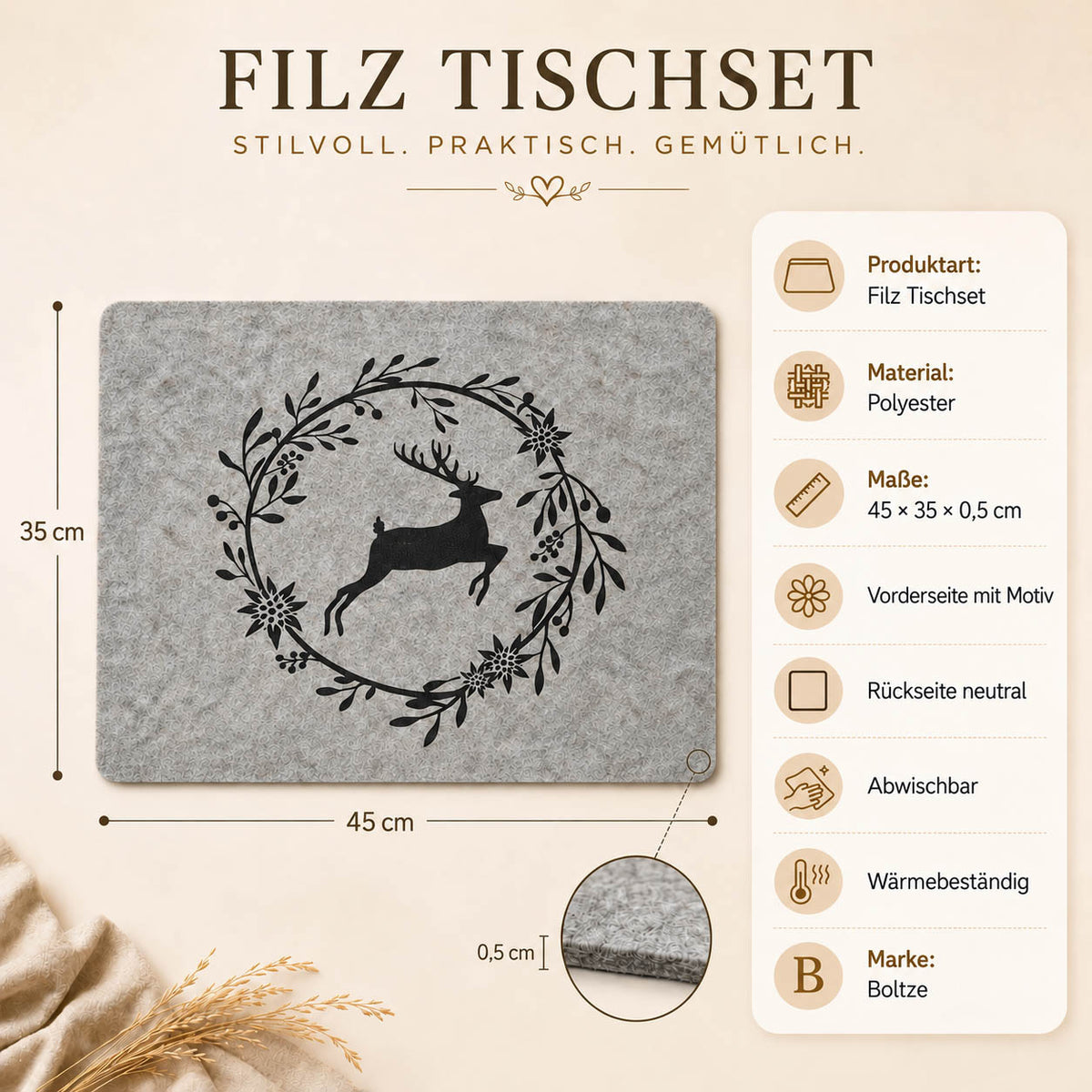 Filz Tischset Hirsch im Kranz in Grau-Beige – Maße 45 × 35 × 0,5 cm, Polyester, abwischbar und wärmebeständig