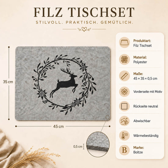 Filz Tischset Hirsch im Kranz in Grau-Beige – Maße 45 × 35 × 0,5 cm, Polyester, abwischbar und wärmebeständig