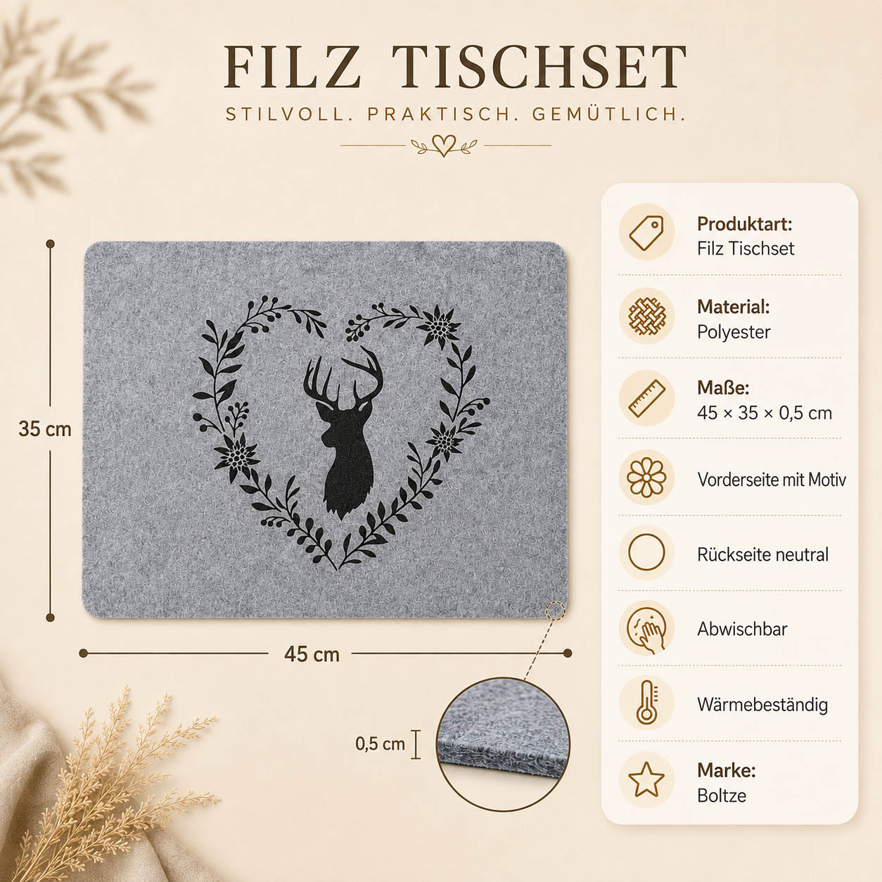Filz Tischset Hirschkopf im Herz in Grau – Maße 45 × 35 × 0,5 cm, Polyester, abwischbar und wärmebeständig