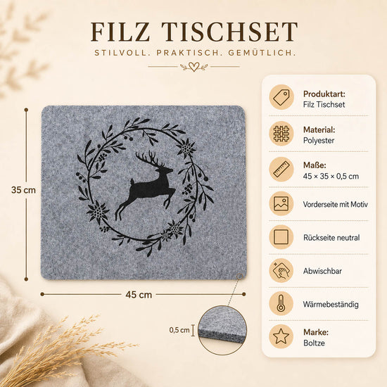 Filz Tischset Hirsch im Kranz in Grau – Maße 45 × 35 × 0,5 cm, Polyester, abwischbar und wärmebeständig