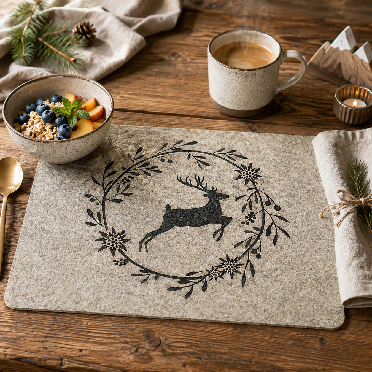 Filz Tischset „Hirsch im Kranz“ in Beige-Grau von Boltze