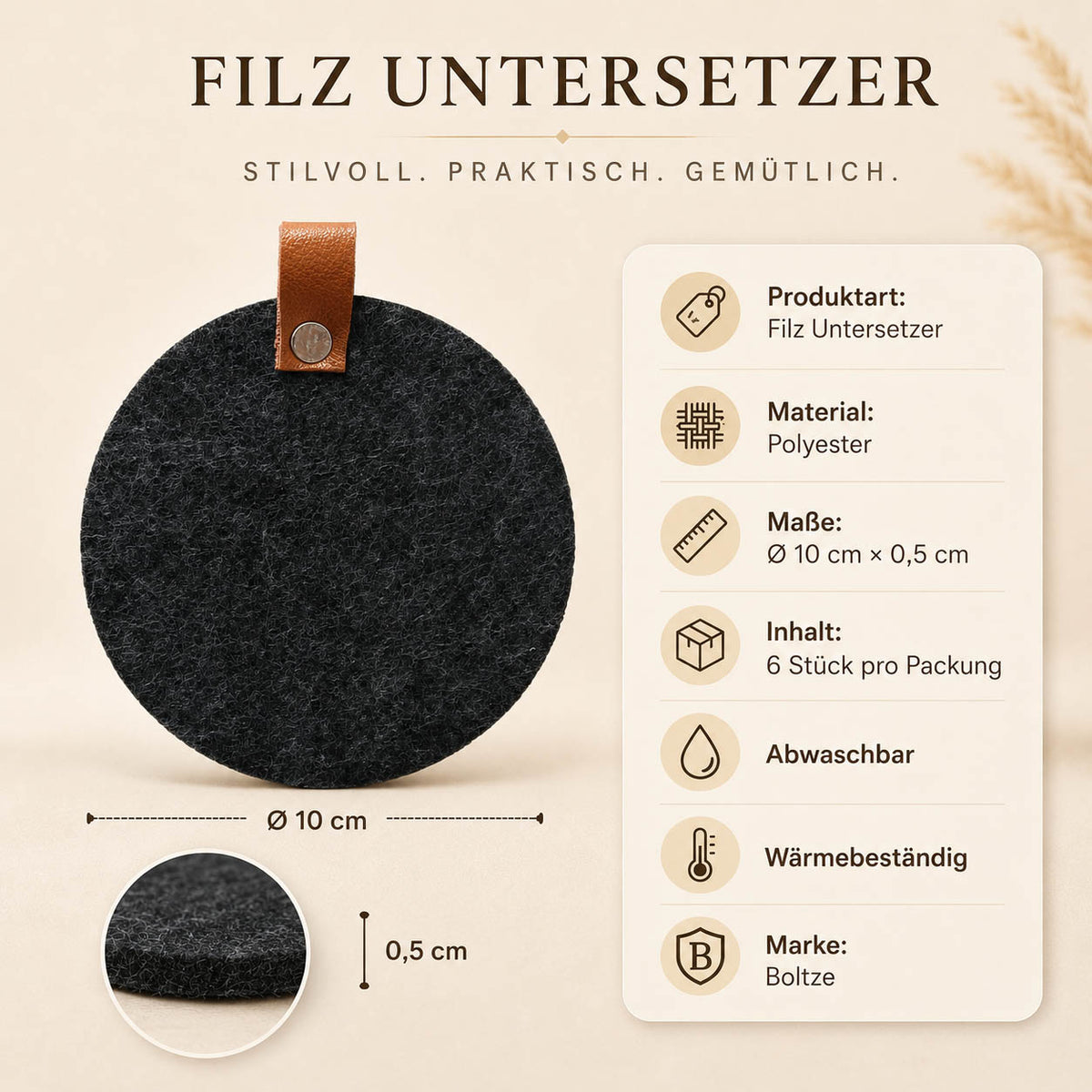 Filz Untersetzer „Modena“ in Anthrazit – Ø 10 cm × 0,5 cm, 6 Stück, mit Lederlasche, abwaschbar