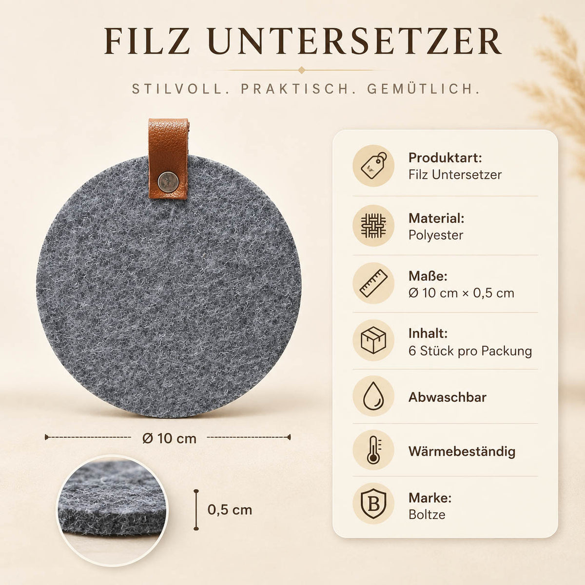Filz Untersetzer „Modena“ in Hellgrau – Ø 10 cm × 0,5 cm, 6 Stück, mit Lederlasche, abwaschbar