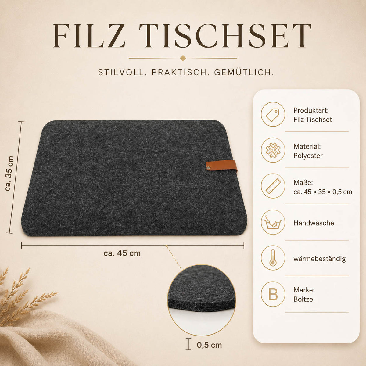 Filz Tischset „Modena“ in Anthrazit von Boltze – ca. 45 × 35 × 0,5 cm, Polyester, Handwäsche, wärmebeständig