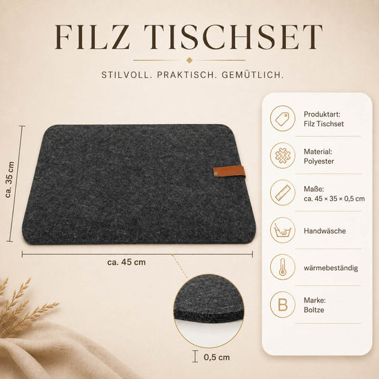 Filz Tischset „Modena“ in Anthrazit von Boltze – ca. 45 × 35 × 0,5 cm, Polyester, Handwäsche, wärmebeständig