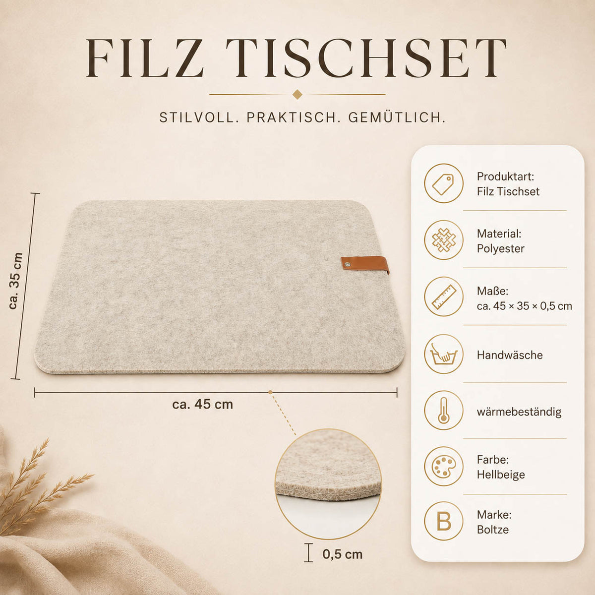 Filz Tischset „Modena“ in Hellbeige von Boltze – ca. 45 × 35 × 0,5 cm, Polyester, Handwäsche, wärmebeständig