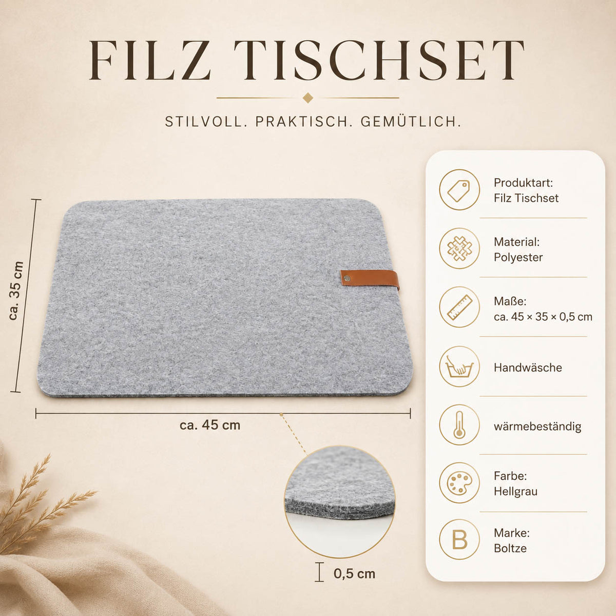 Filz Tischset „Modena“ in Hellgrau von Boltze – ca. 45 × 35 × 0,5 cm, Polyester, Handwäsche, wärmebeständig