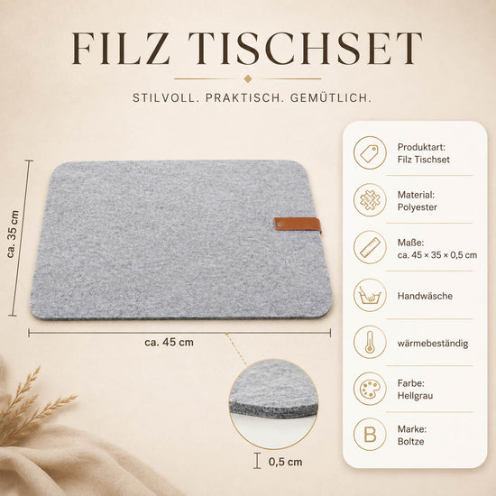 Filz Tischset „Modena“ in Hellgrau von Boltze – ca. 45 × 35 × 0,5 cm, Polyester, Handwäsche, wärmebeständig