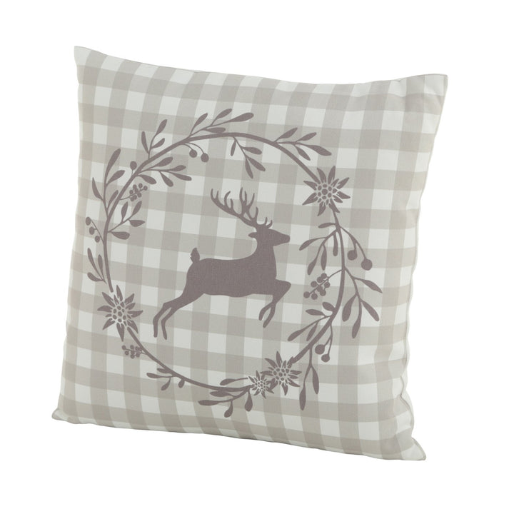 Hirsch Kissen „Leopold“ von Boltze, beige-weiß kariert, 45x45 cm, springender Hirsch im Edelweiß-Kranz