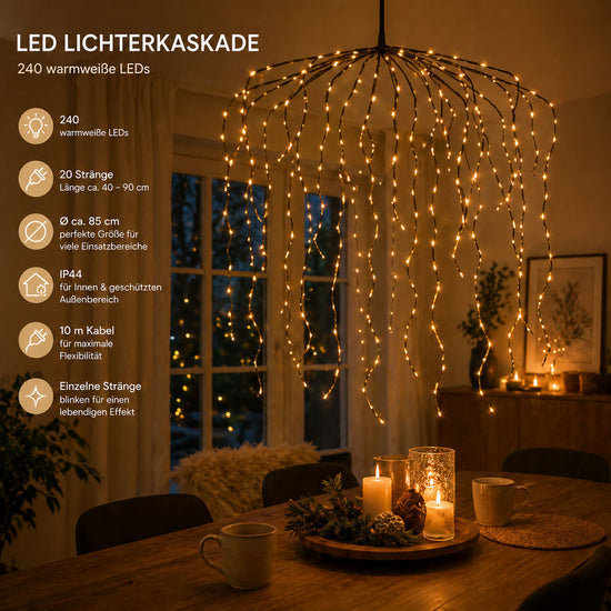 LED Lichterkaskade Ø85cm mit 240 warmweißen LEDs an 20 Lichtsträngen und dunkelbraunen Metallarmen - Stimmungsbild