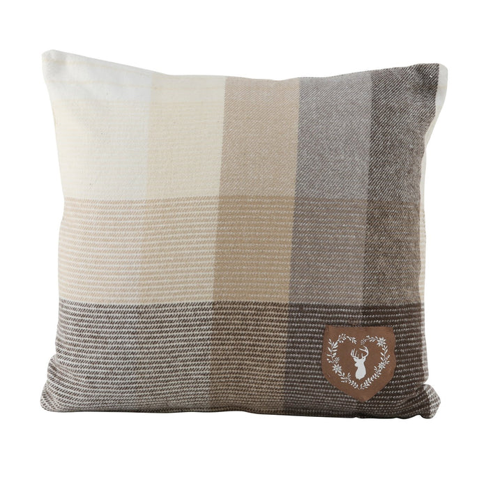 Karokissen beige braun „Leopold" mit Lederwappen, 45×45 cm