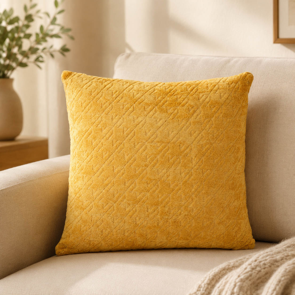 Senfgelbes Kissen auf hellem Sofa als warmer Farbakzent