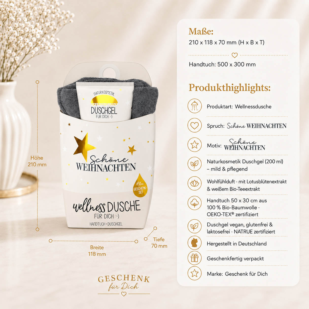 Wellnessdusche „Schöne Weihnachten“ – Highlights: Duschgel 200 ml, Handtuch Bio-Baumwolle, NATRUE, OEKO-TEX