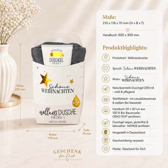 Wellnessdusche „Schöne Weihnachten“ – Highlights: Duschgel 200 ml, Handtuch Bio-Baumwolle, NATRUE, OEKO-TEX