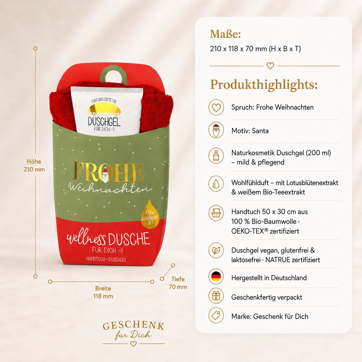 Wellnessdusche „Frohe Weihnachten“ – Highlights: Duschgel 200 ml, Handtuch Bio-Baumwolle, NATRUE, OEKO-TEX