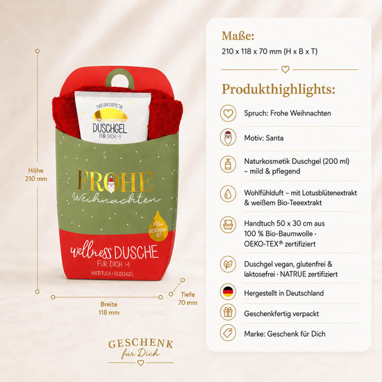 Wellnessdusche „Frohe Weihnachten“ – Highlights: Duschgel 200 ml, Handtuch Bio-Baumwolle, NATRUE, OEKO-TEX