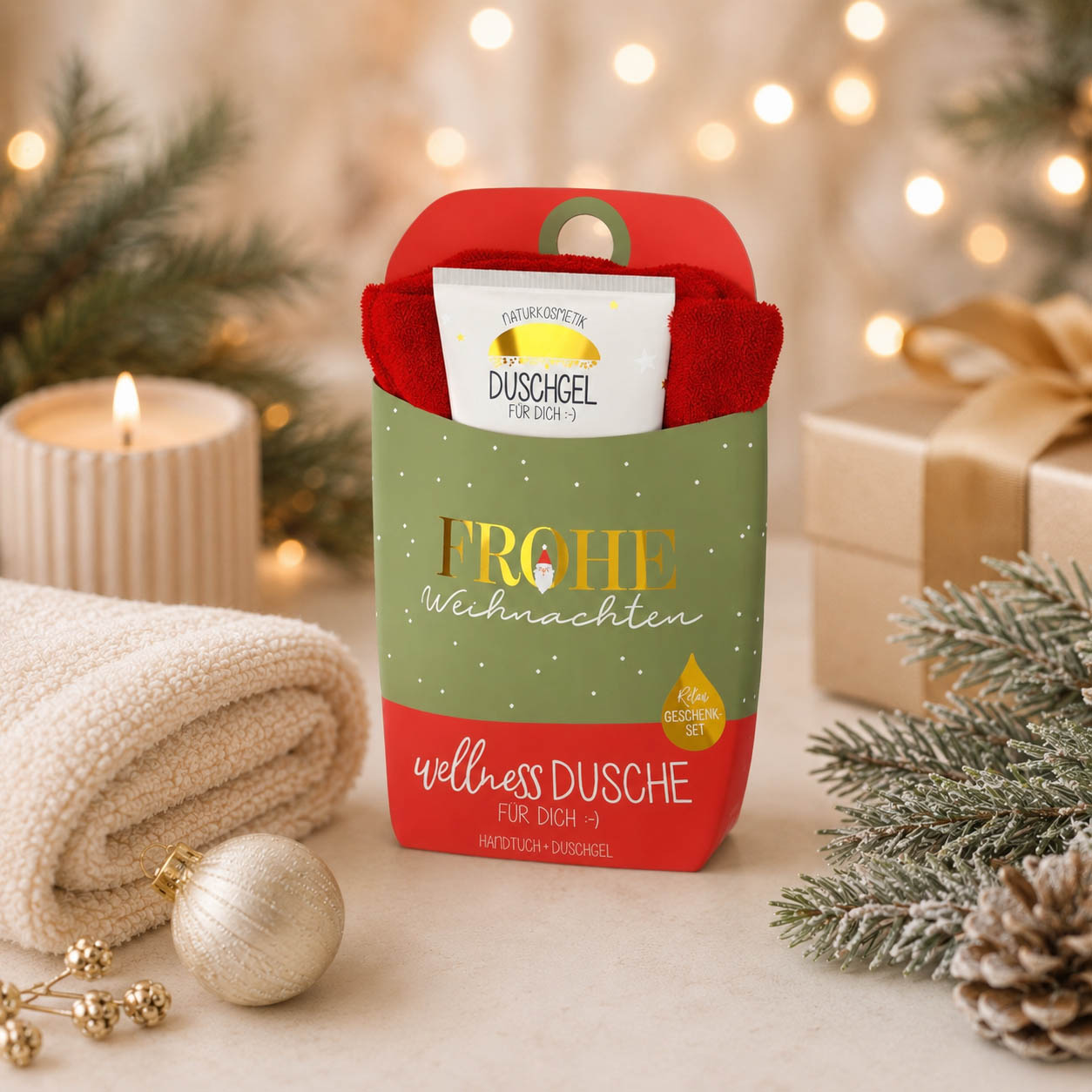 Wellnessdusche „Frohe Weihnachten“ – Stimmungsbild im weihnachtlichen Ambiente