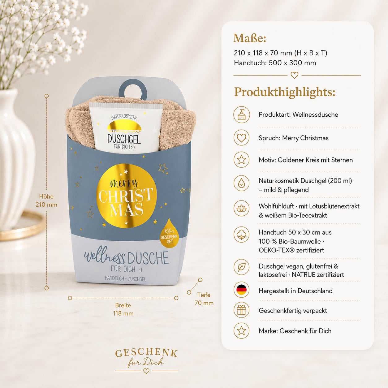 Wellnessdusche „Merry Christmas“ – Highlights: Duschgel 200 ml, Handtuch Bio-Baumwolle, NATRUE, OEKO-TEX