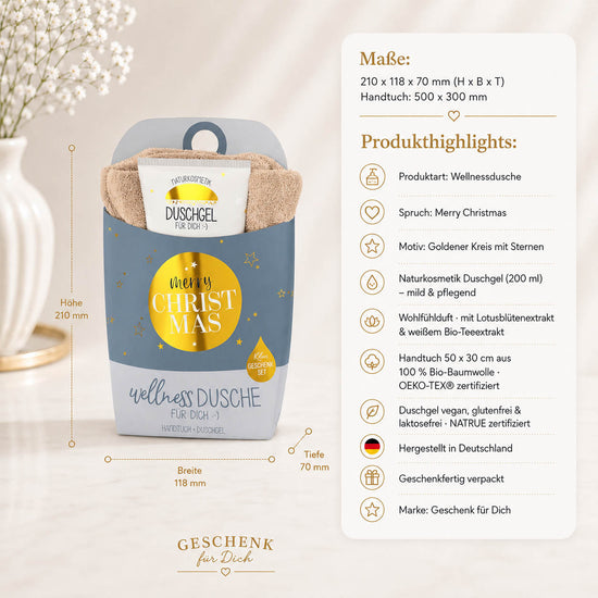 Wellnessdusche „Merry Christmas“ – Highlights: Duschgel 200 ml, Handtuch Bio-Baumwolle, NATRUE, OEKO-TEX
