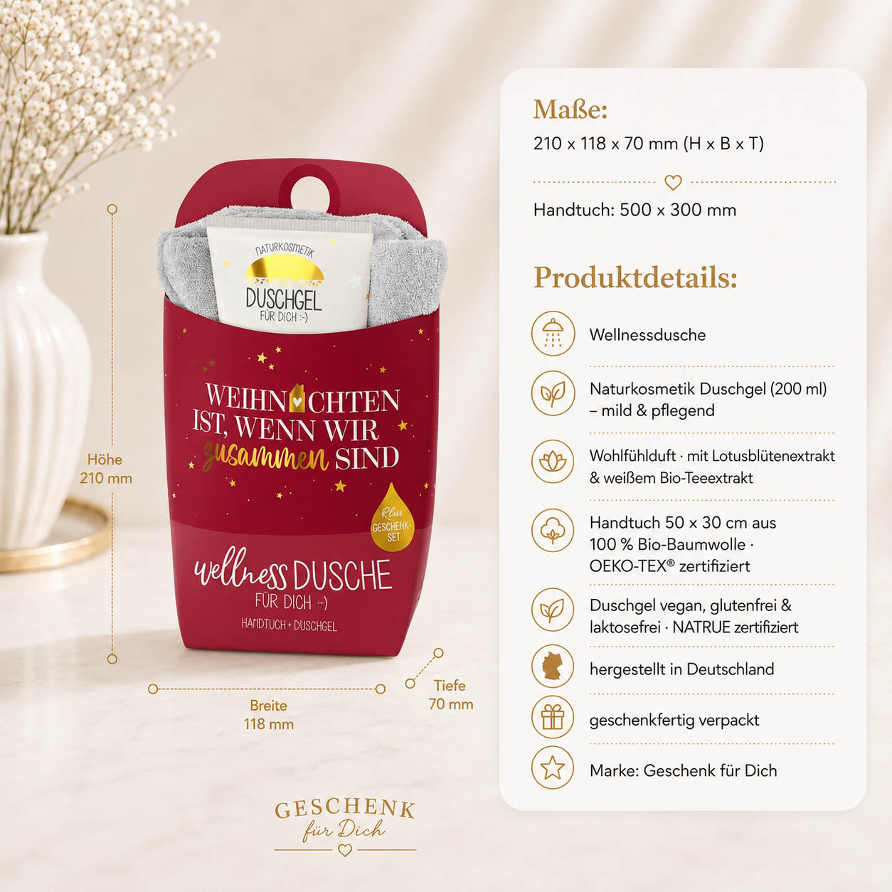 Wellnessdusche „Weihnachten ist, wenn wir zusammen sind“ – Highlights: Duschgel 200 ml, Handtuch Bio-Baumwolle, NATRUE, OEKO-TEX