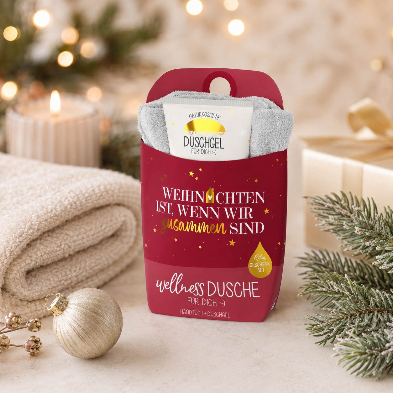 Wellnessdusche „Weihnachten ist, wenn wir zusammen sind“ – Stimmungsbild im weihnachtlichen Ambiente