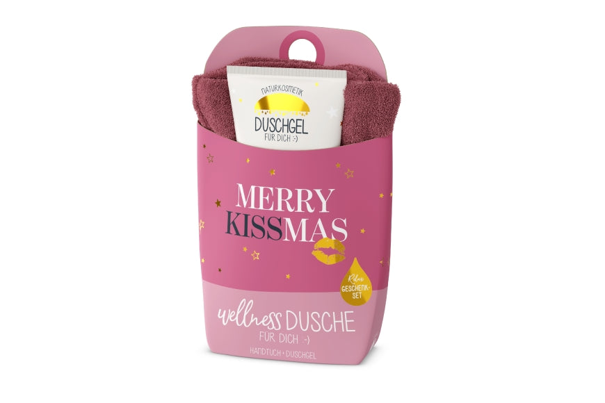 Wellness-Dusche Merry Kissmas – Duschgel 200 ml + Handtuch in rosa Verpackung mit goldenem Kussmund – Geschenk für Dich