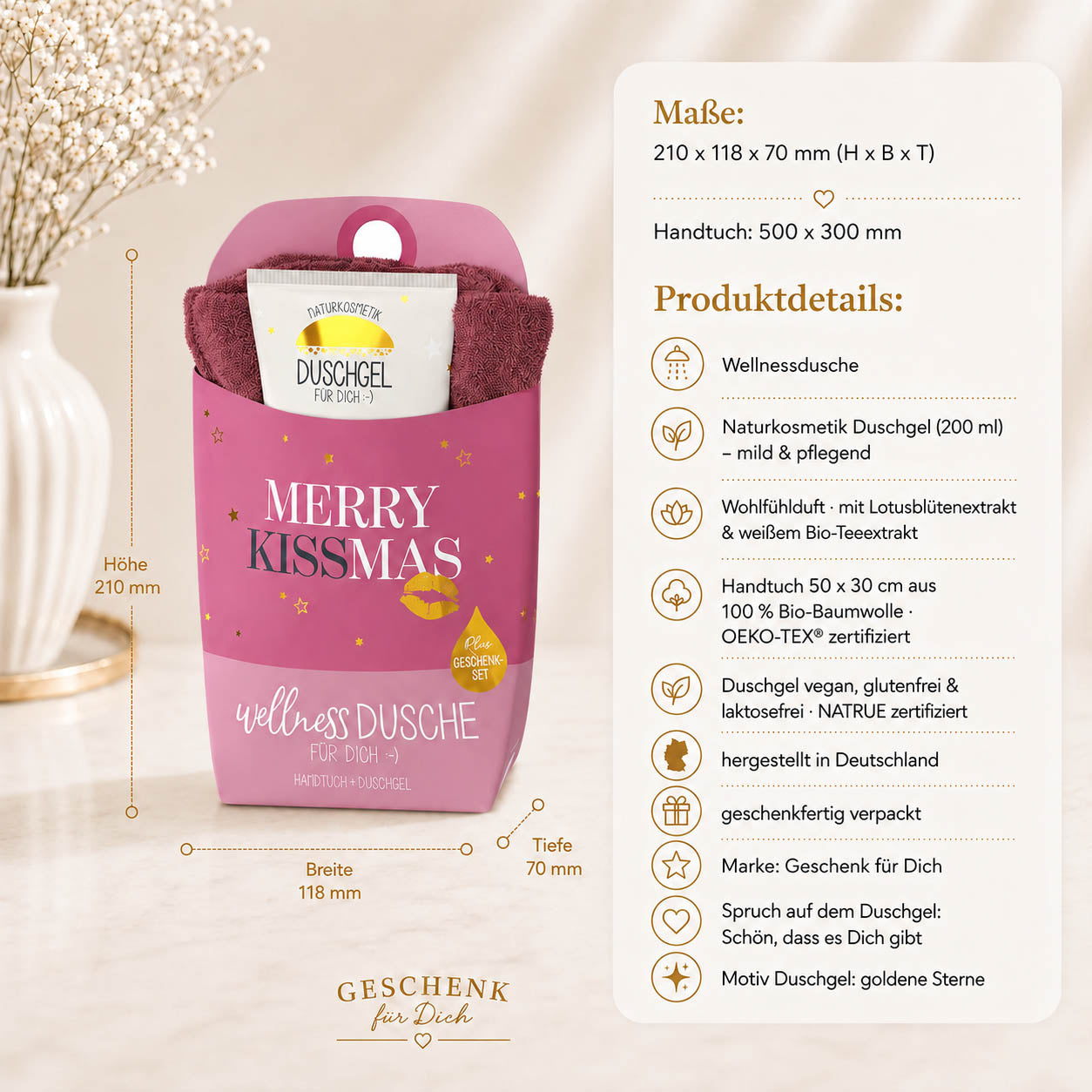 Wellness-Dusche Merry Kissmas – Produkthighlights, Duschgel 200 ml + Handtuch 50 × 30 cm Bio-Baumwolle, vegan